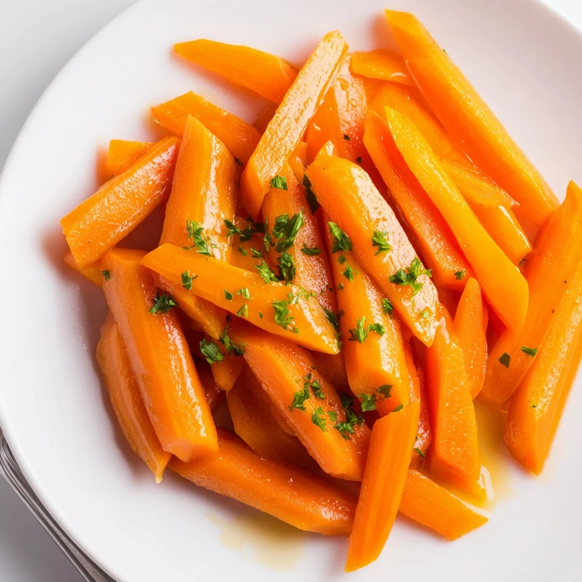 Skillet-caramelized Honey Glazed Carrots, glossy orange rounds, ready beside roast chicken