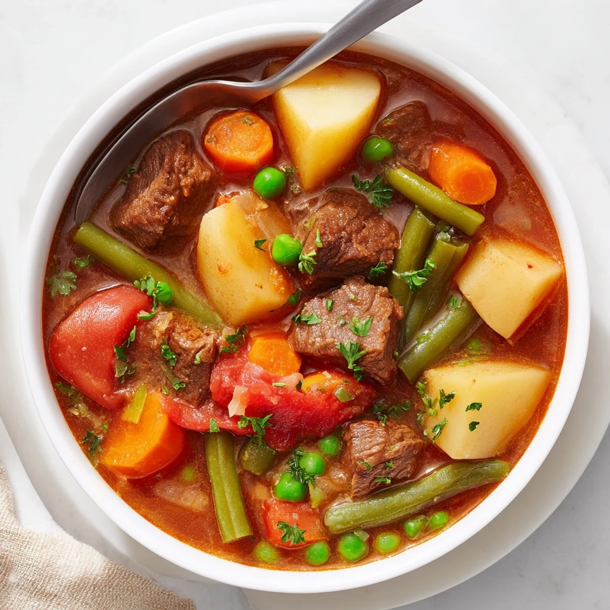 Braised Vegetable Beef Soup steaming in a bowl, tender beef, garden vegetables.
