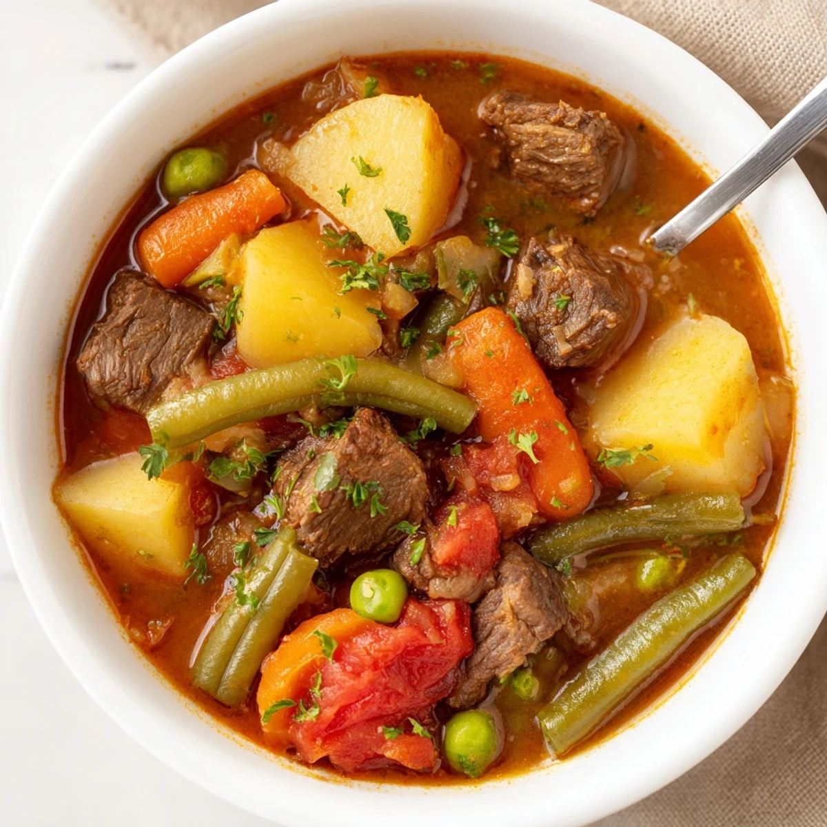 Generous ladle of Braised Vegetable Beef Soup with crusty bread, parsley garnish.