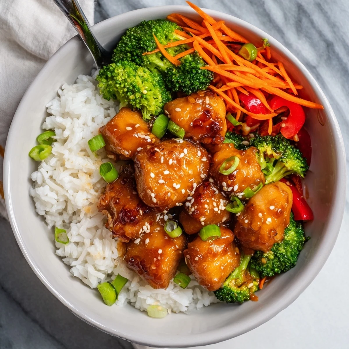 Warm jasmine rice topped with Delicious Orange Glazed Chicken Rice Bowl Recipe To Try