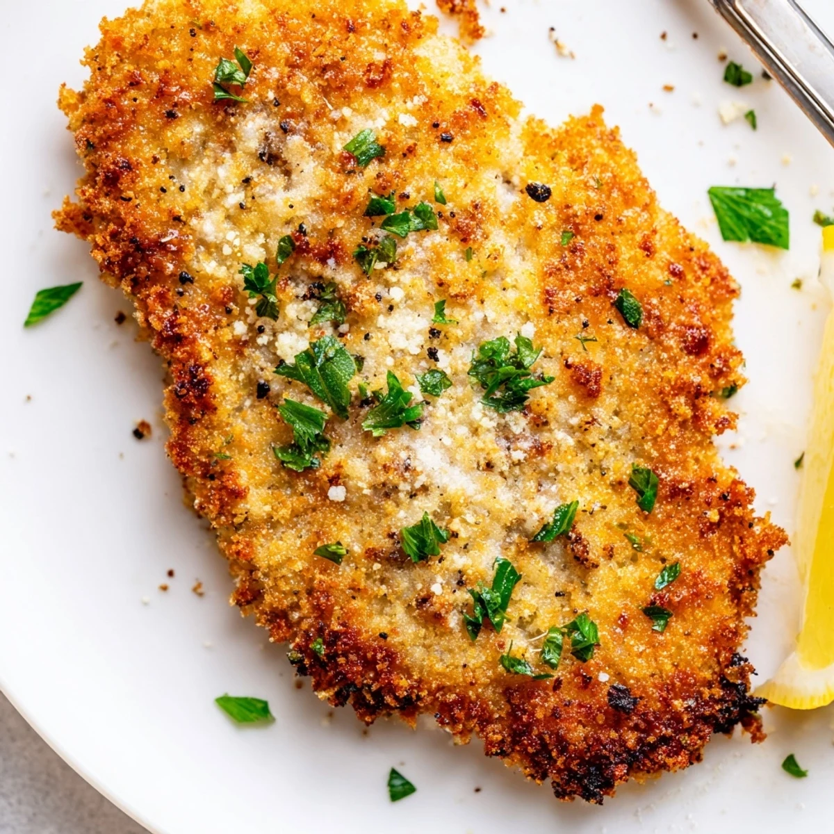 Crispy Beef Escalope Milanese on plate, golden crust, lemon wedge garnish