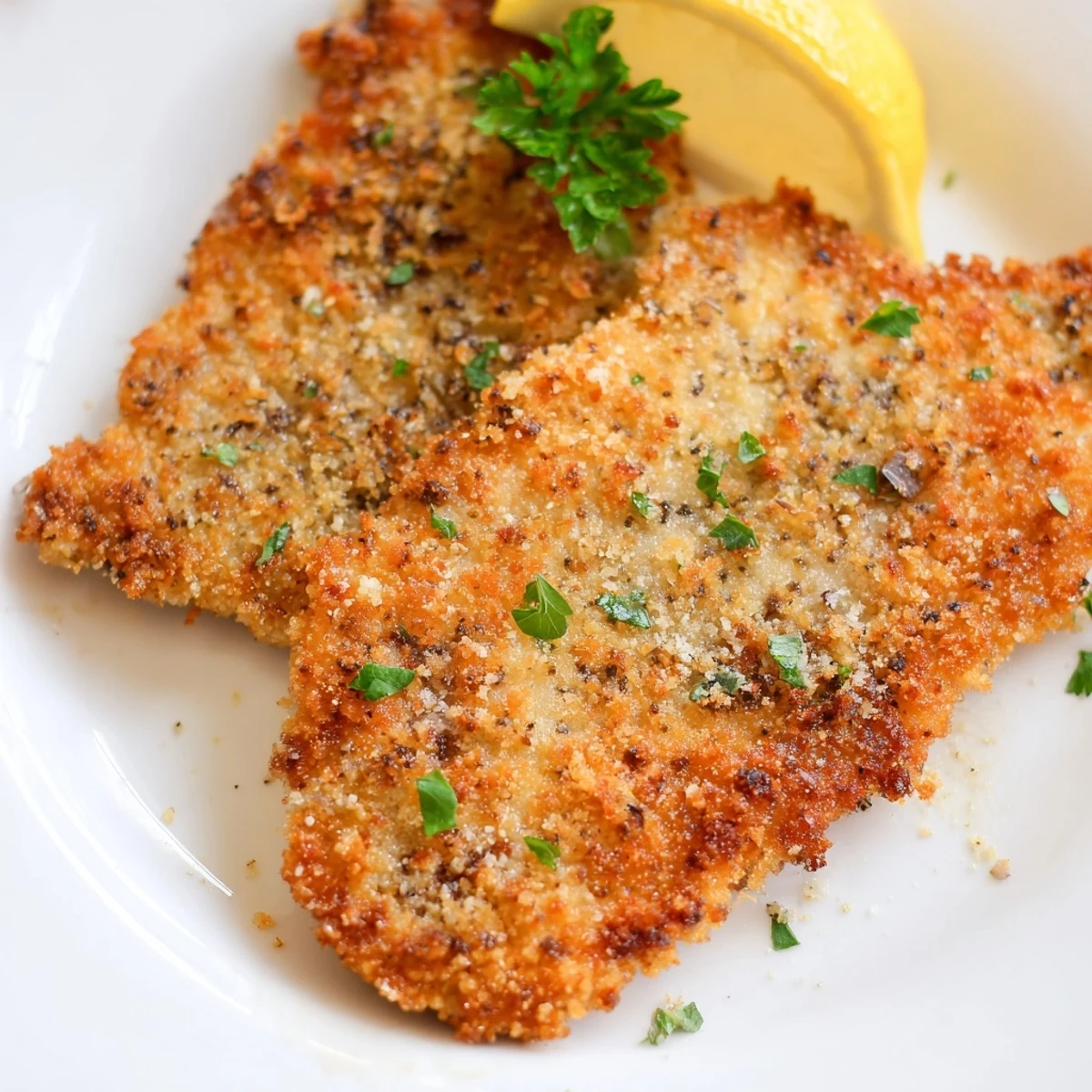 Pan-fried Crispy Beef Escalope Milanese resting on paper towel, parsley sprinkled