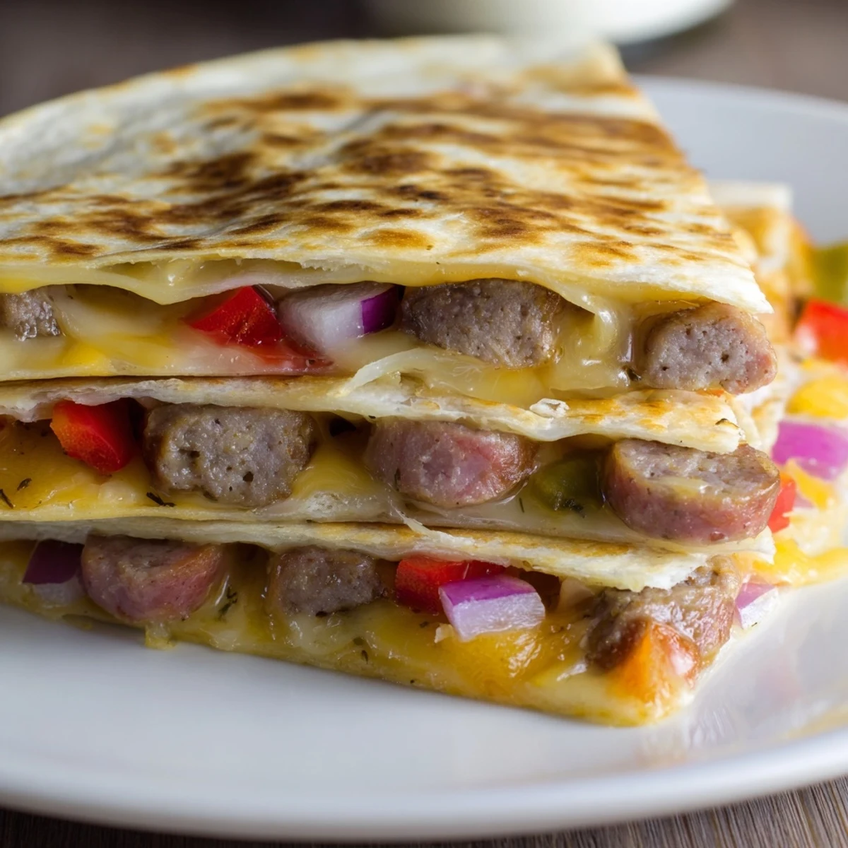 Cajun Beef Sausage Quesadillas With Melty Cheese skillet-toasted wedges, smoky sausage and melted cheese