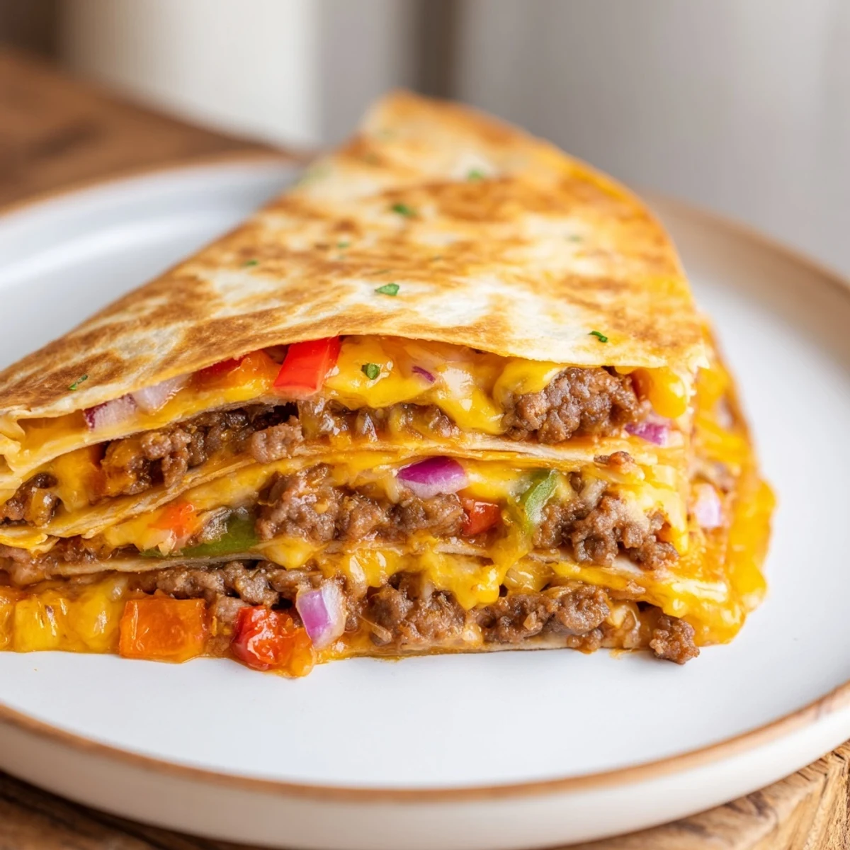 Cajun Beef Sausage Quesadillas With Melty Cheese served hot with sour cream and salsa