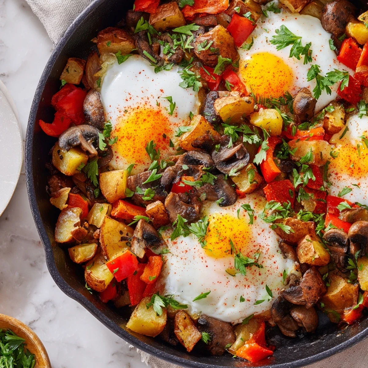 Golden breakfast hash with eggs featuring crispy potatoes colorful peppers and perfectly cooked sunny side up eggs in a cast iron skillet