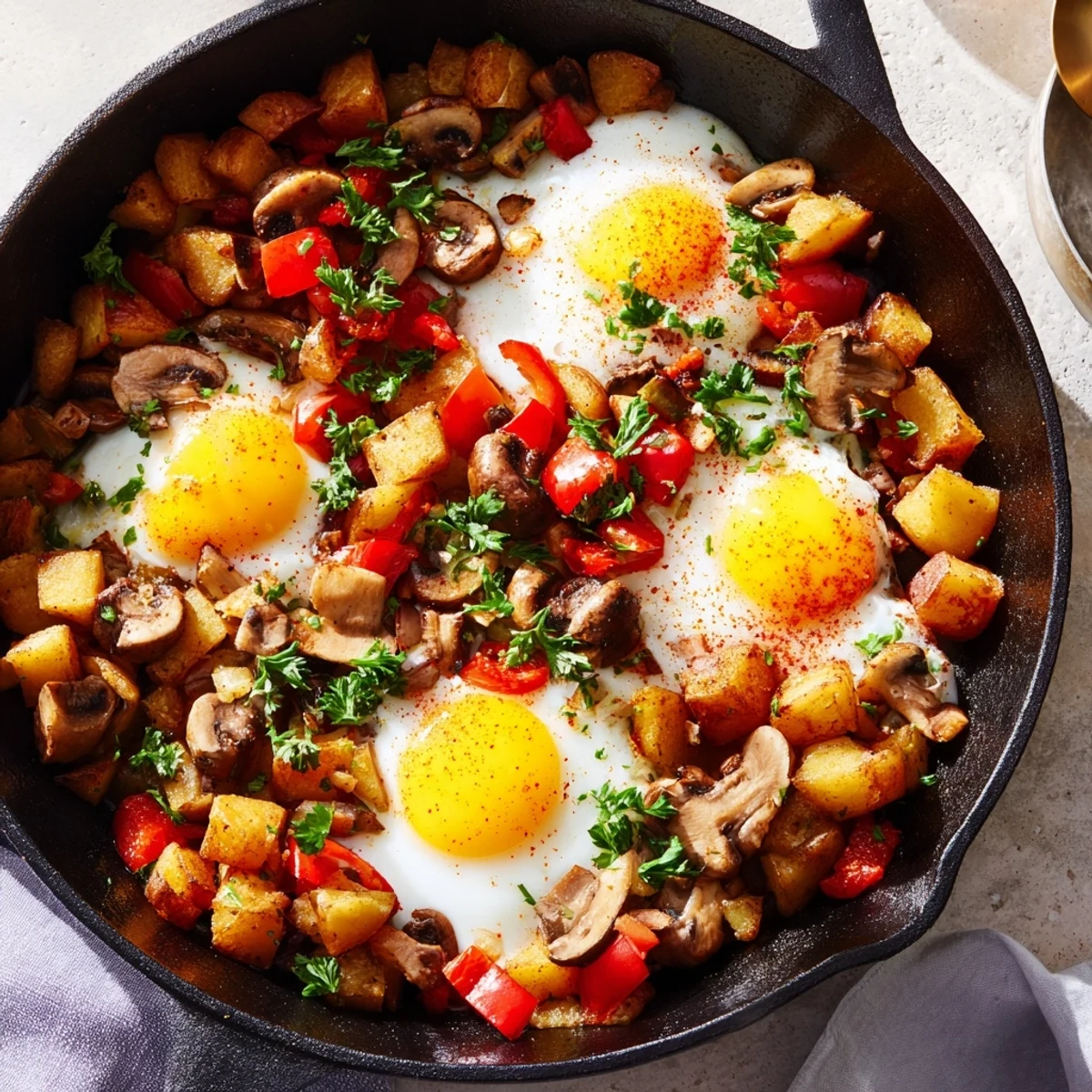 Hearty breakfast hash with eggs piled high with diced russet potatoes onions mushrooms and runny yolks garnished with fresh parsley