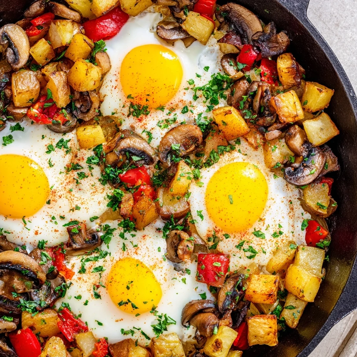 One skillet breakfast hash with eggs showcasing browned vegetables savory potatoes and four eggs nestled into the crispy vegetable mixture