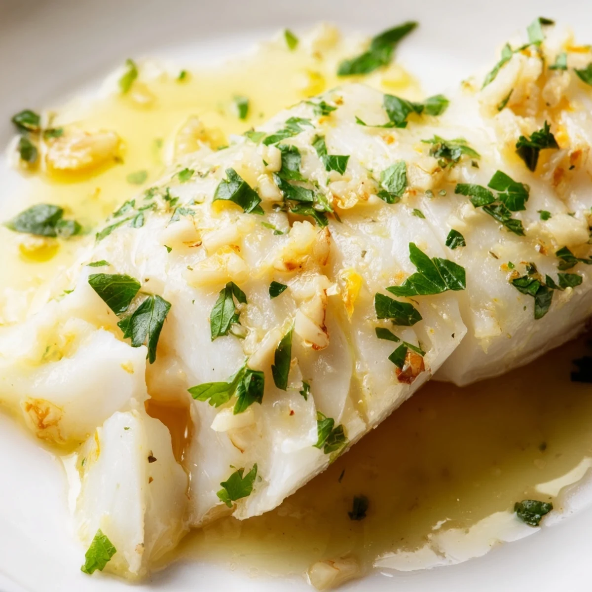 Golden pan-seared cod fillets swimming in a rich lemon garlic butter sauce with fresh parsley