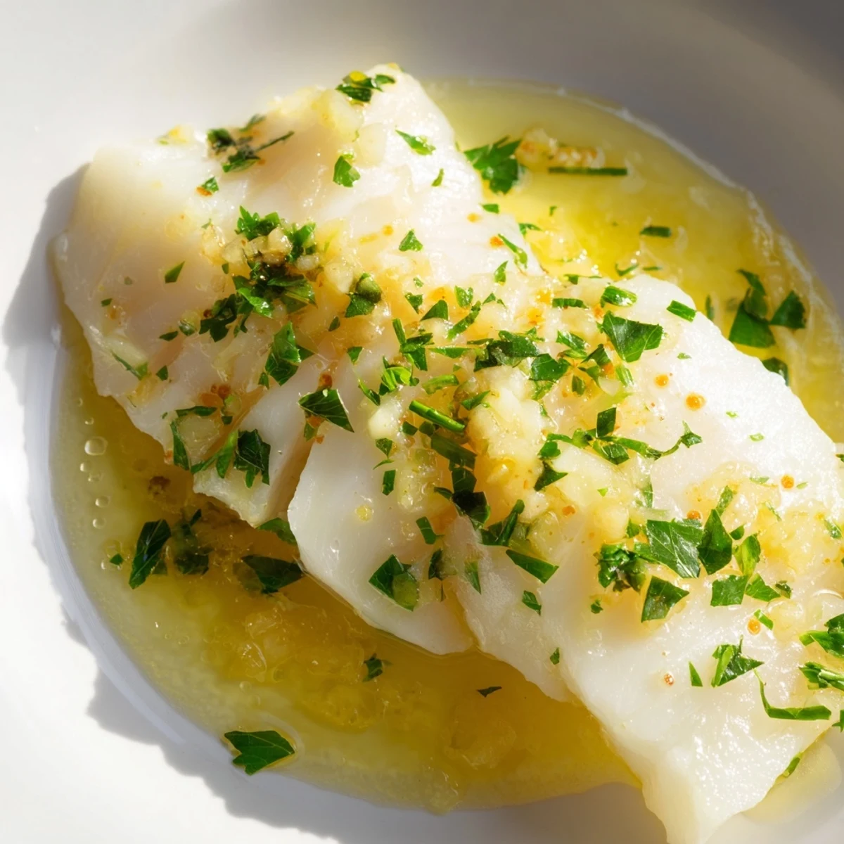 Tender cod pieces basted in a glossy lemon butter sauce with minced garlic and green parsley garnish