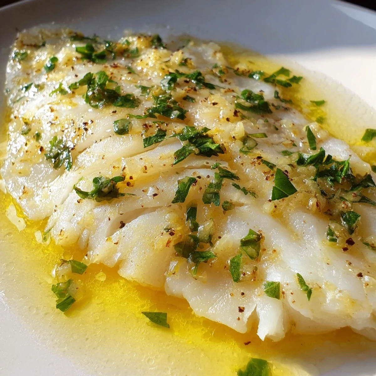 Flaky white fish topped with melted butter, garlic, and bright lemon zest on a dinner plate