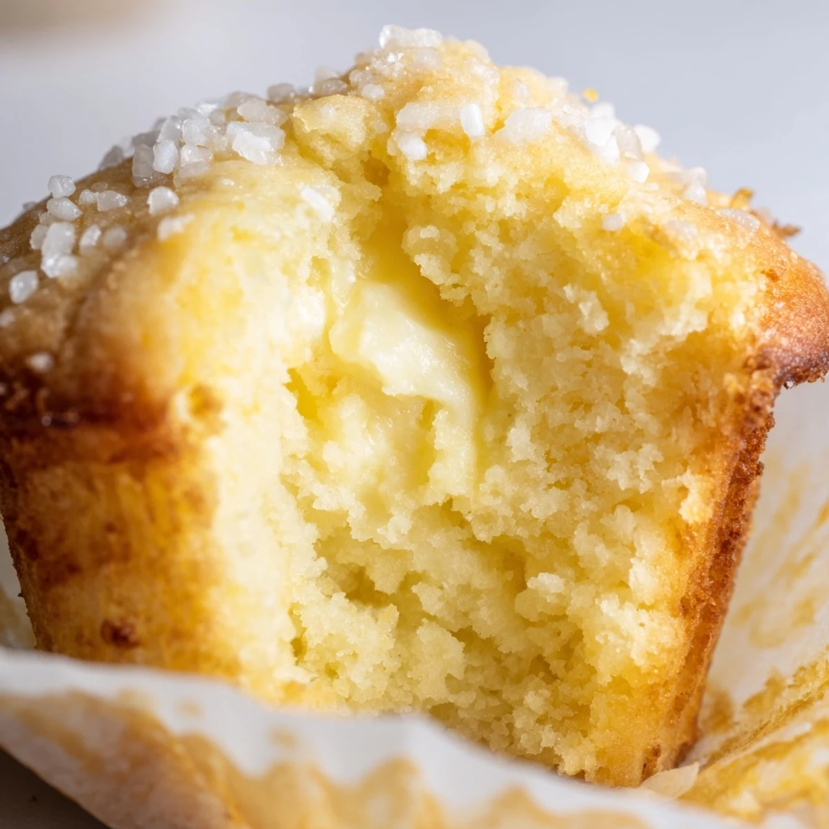 Golden lemon cream cheese muffins topped with sparkling sugar on a wire cooling rack