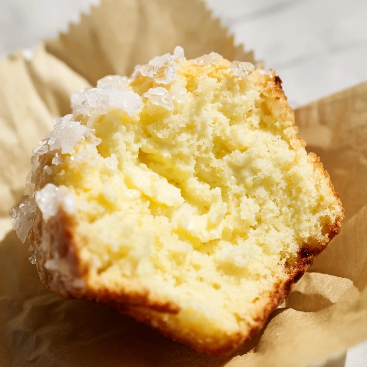 Freshly baked lemon cream cheese muffins with golden crowns and optional coarse sugar topping