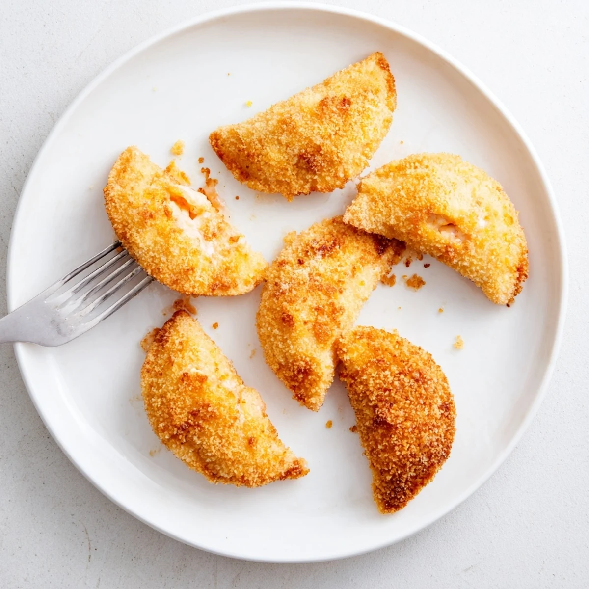 Golden brown Portuguese shrimp rissois arranged on a white serving platter with lemon wedges