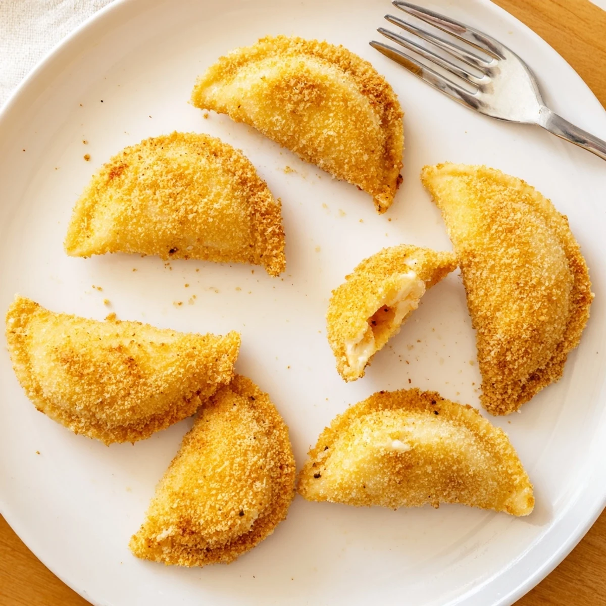 Freshly cooked Portuguese shrimp rissois with golden breadcrumb coating resting on paper towels