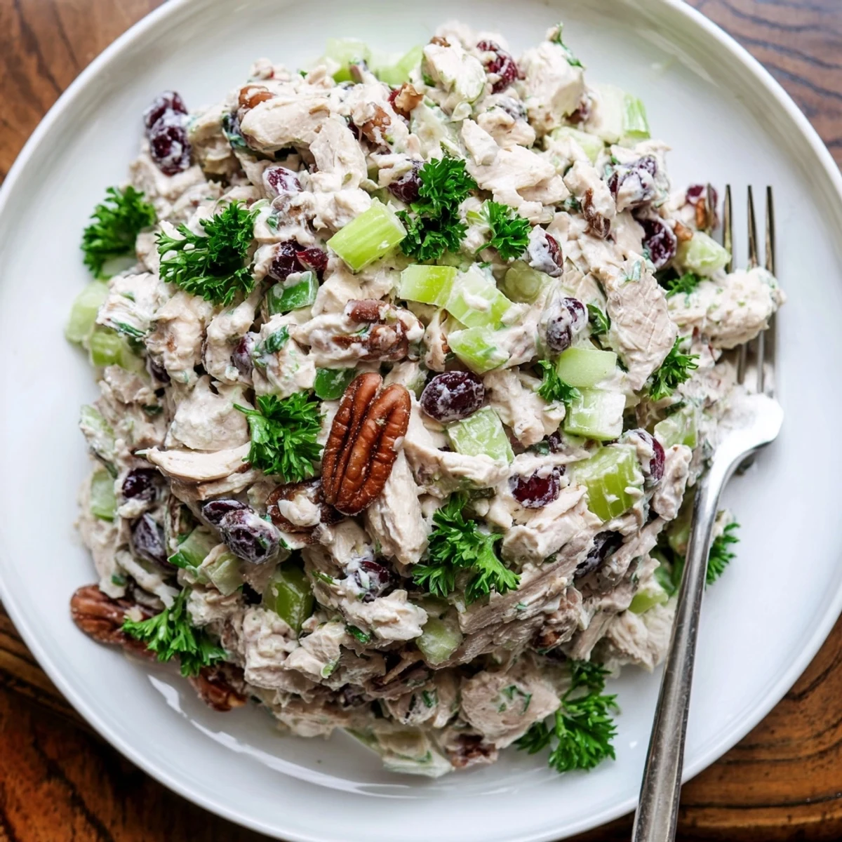 Creamy cranberry pecan chicken salad served in a white bowl with fresh parsley garnish