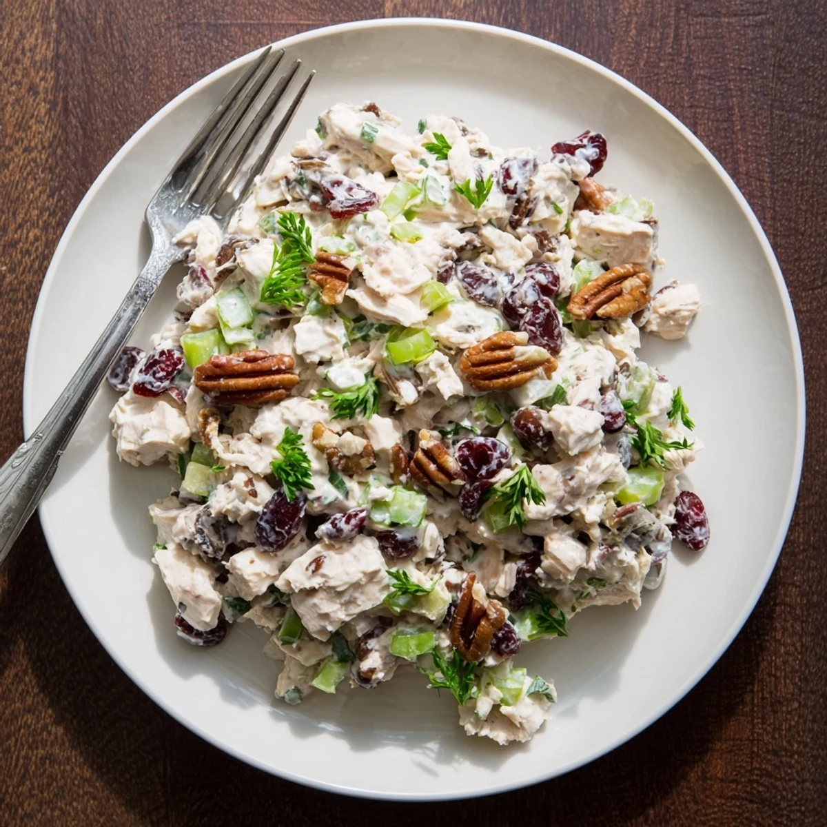 Cranberry pecan chicken salad mounded on a croissant with red dried berries visible