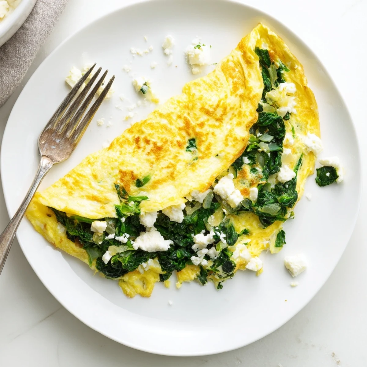Fluffy Mediterranean omelet filled with wilted fresh spinach and creamy feta cheese
