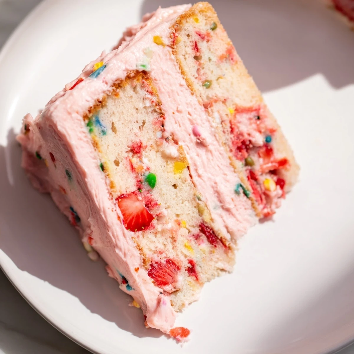 Pink strawberry funfetti cake layered with smooth strawberry buttercream and rainbow sprinkles