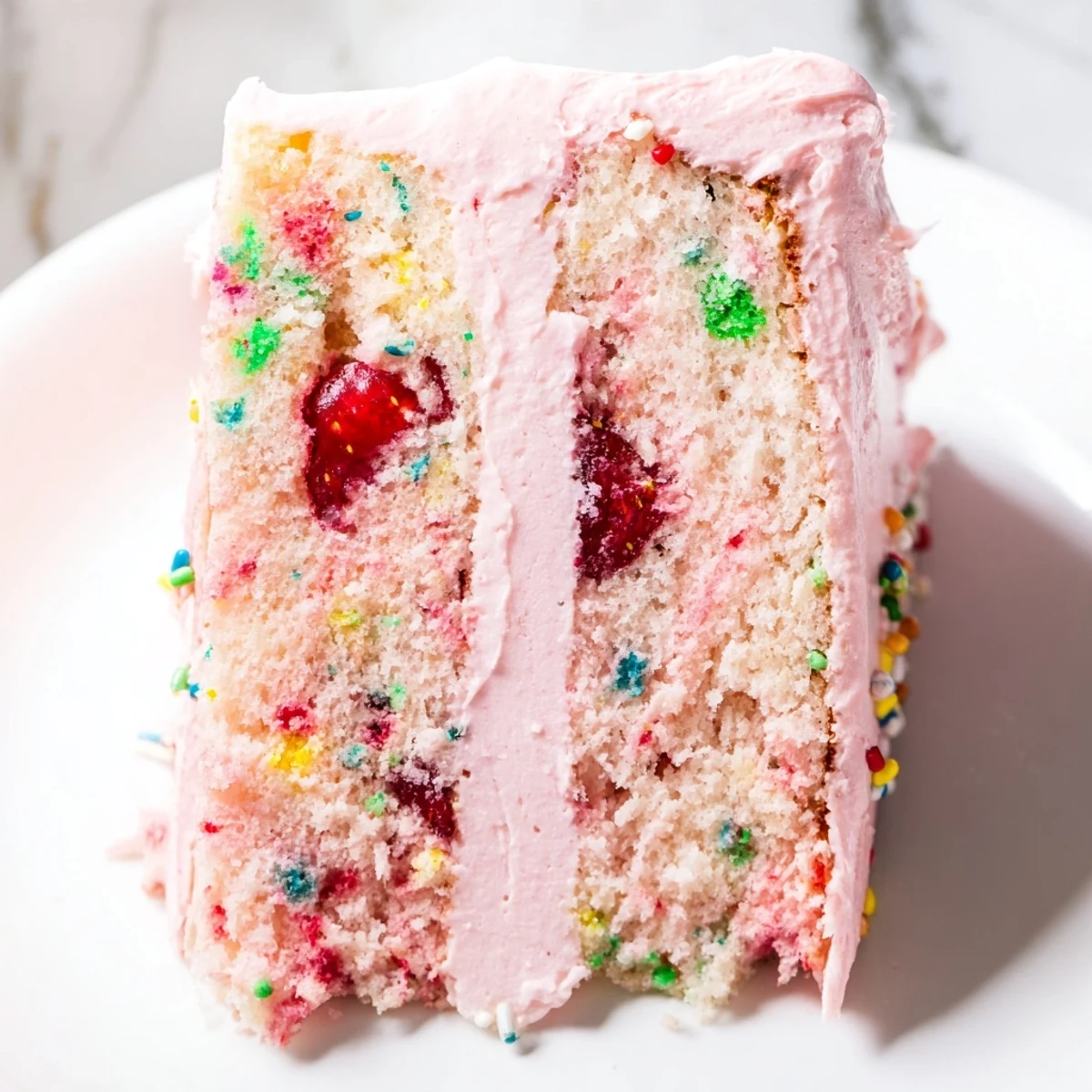 Whimsical strawberry funfetti cake topped with fluffy pink frosting and colorful confetti sprinkles