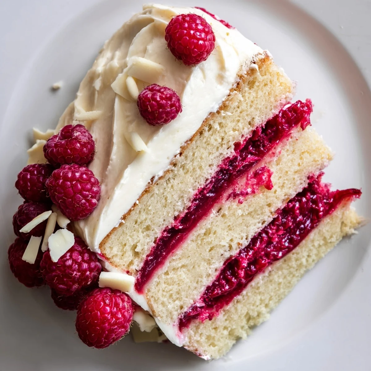 White chocolate raspberry dream cake slice revealing vibrant raspberry layers between moist white chocolate sponge and creamy frosting
