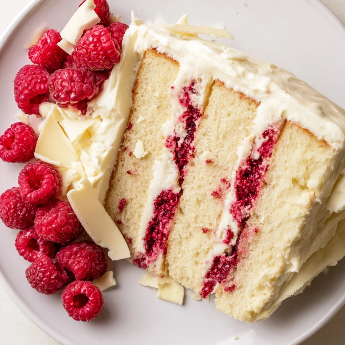 Elegant triple-layer white chocolate raspberry dream cake topped with fresh raspberries and white chocolate curls on a pedestal stand