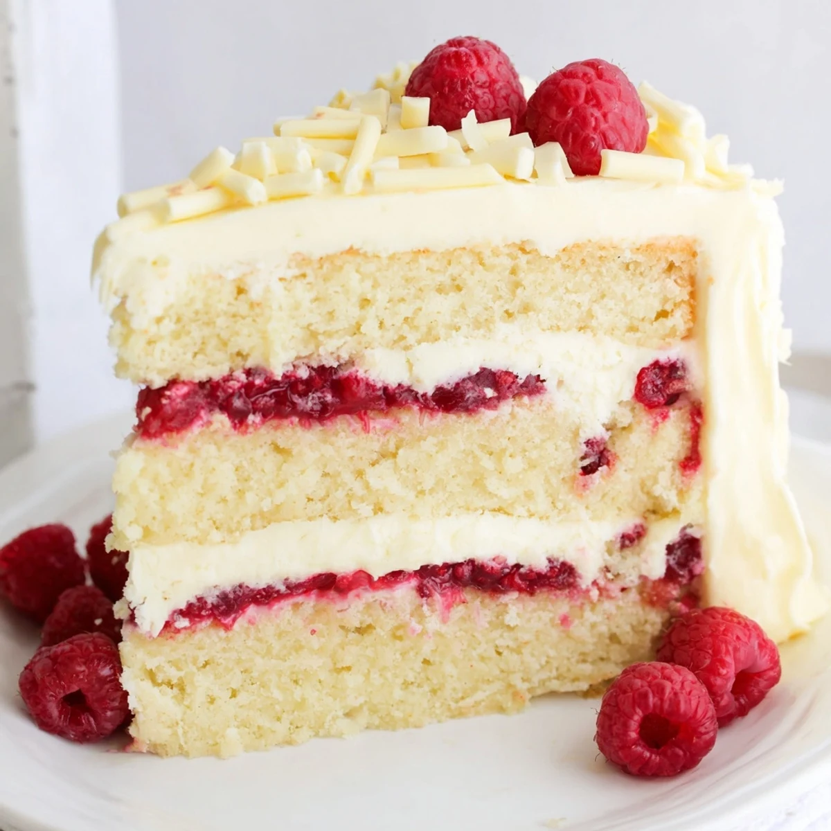 Decadent white chocolate raspberry dream cake with tart red raspberry filling peeking through smooth white chocolate cream cheese frosting