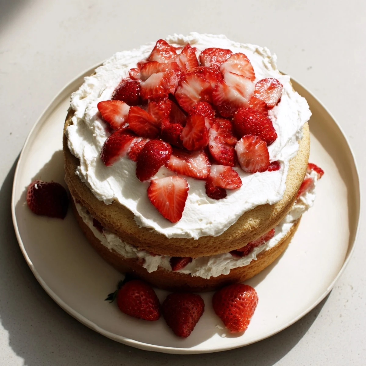 Golden vanilla layer cake stacked with juicy fresh strawberries and clouds of whipped cream