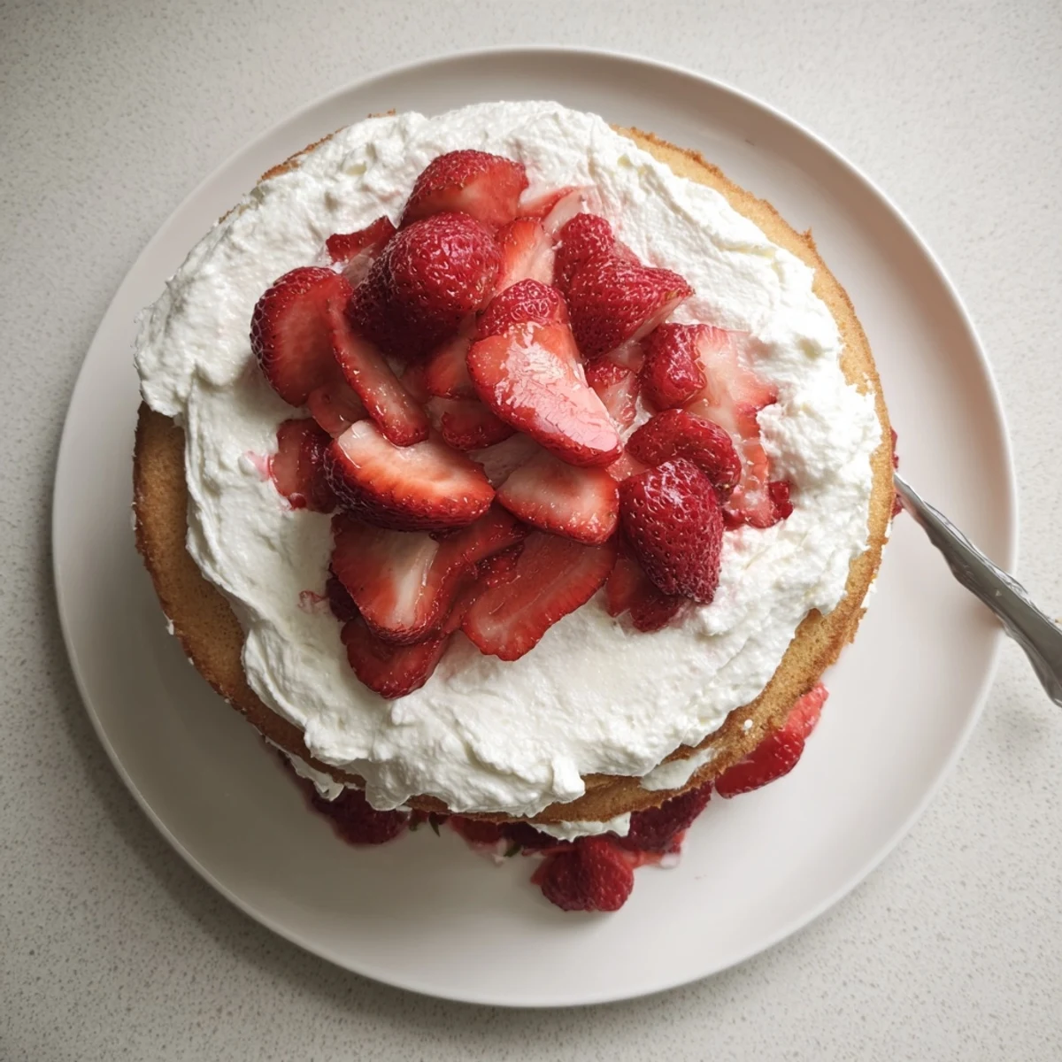 Strawberry shortcake cake slice revealing tender sponge, macerated berries, and fluffy white cream frosting