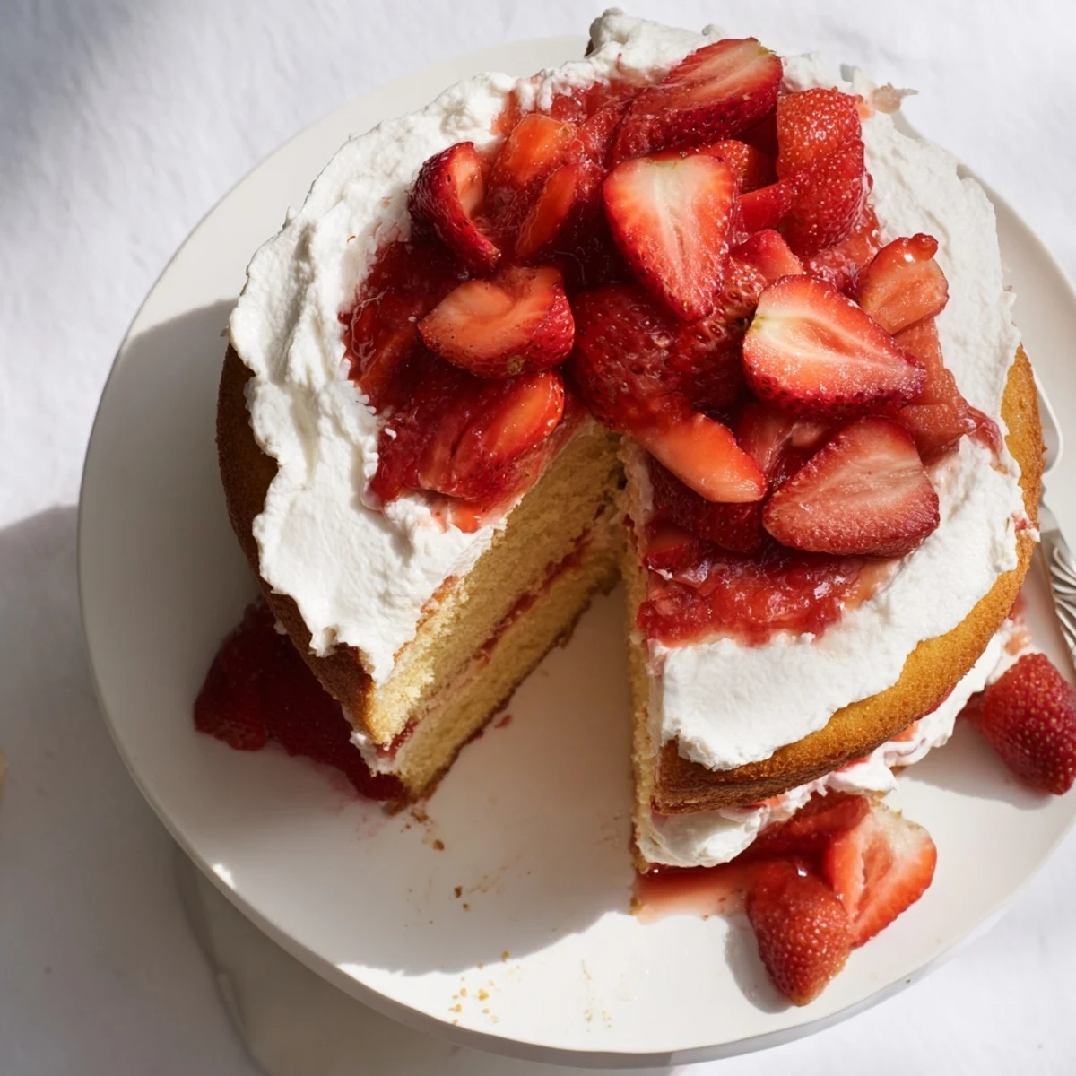 Two-tier vanilla sponge cake draped with sweet strawberries and rich whipped cream topping