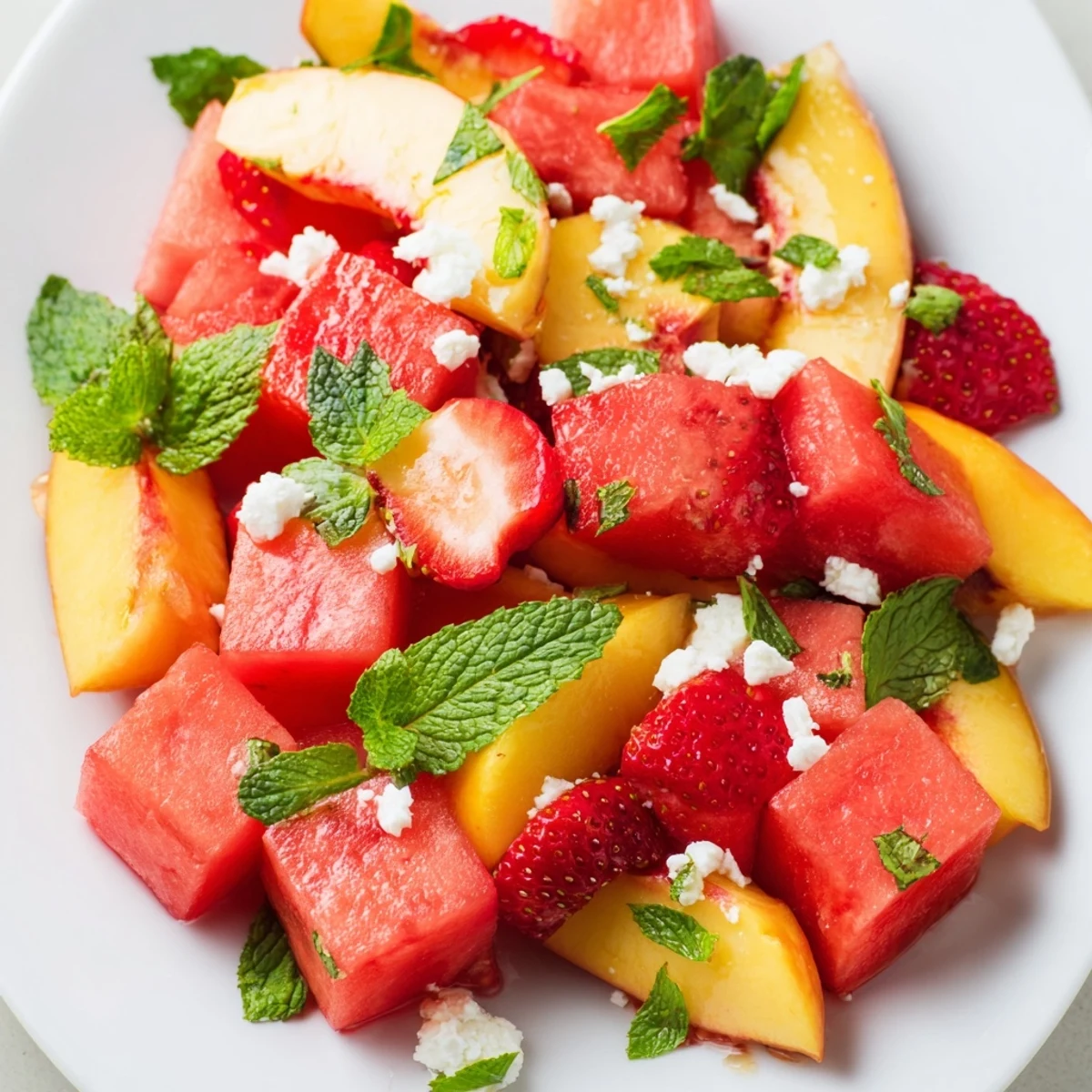 Colorful bowl of summer peach watermelon salad drizzled with tangy lime dressing and topped with fresh green mint