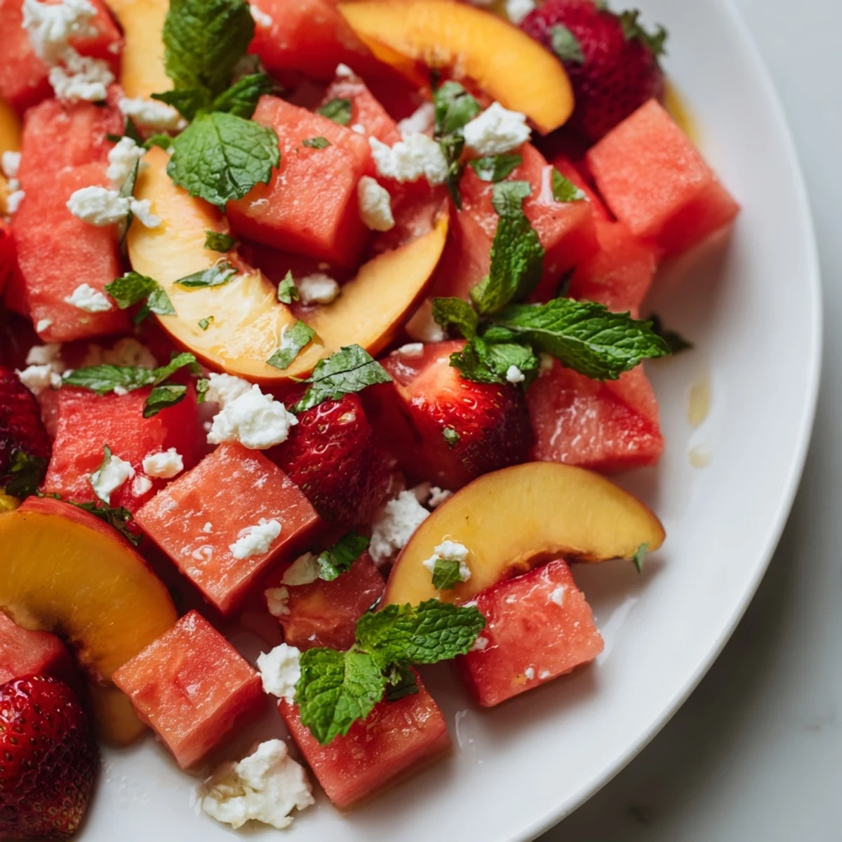 Fresh summer peach watermelon salad featuring juicy ripe fruit tossed with vibrant mint leaves and crumbled feta cheese