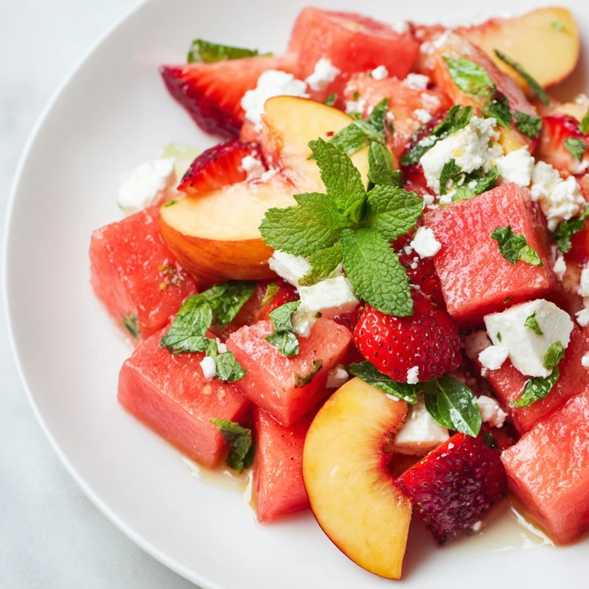 Vibrant summer peach watermelon salad with cubed melon, sliced peaches, and optional strawberries on a white serving platter
