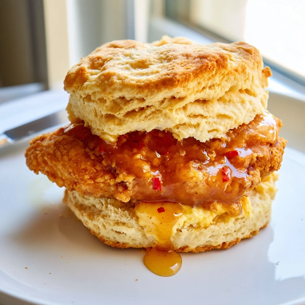 Golden hot honey chicken biscuits featuring crispy fried chicken on fluffy buttermilk biscuit halves