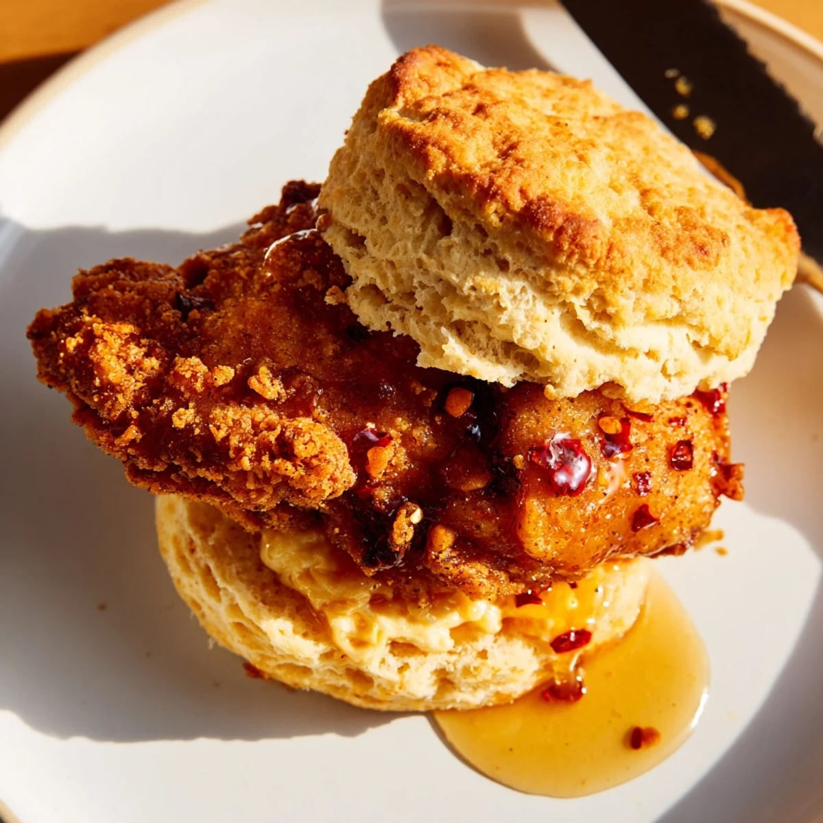 Split butterm biscuit sandwich with crunchy fried chicken fillet drizzled in spicy sweet hot honey glaze