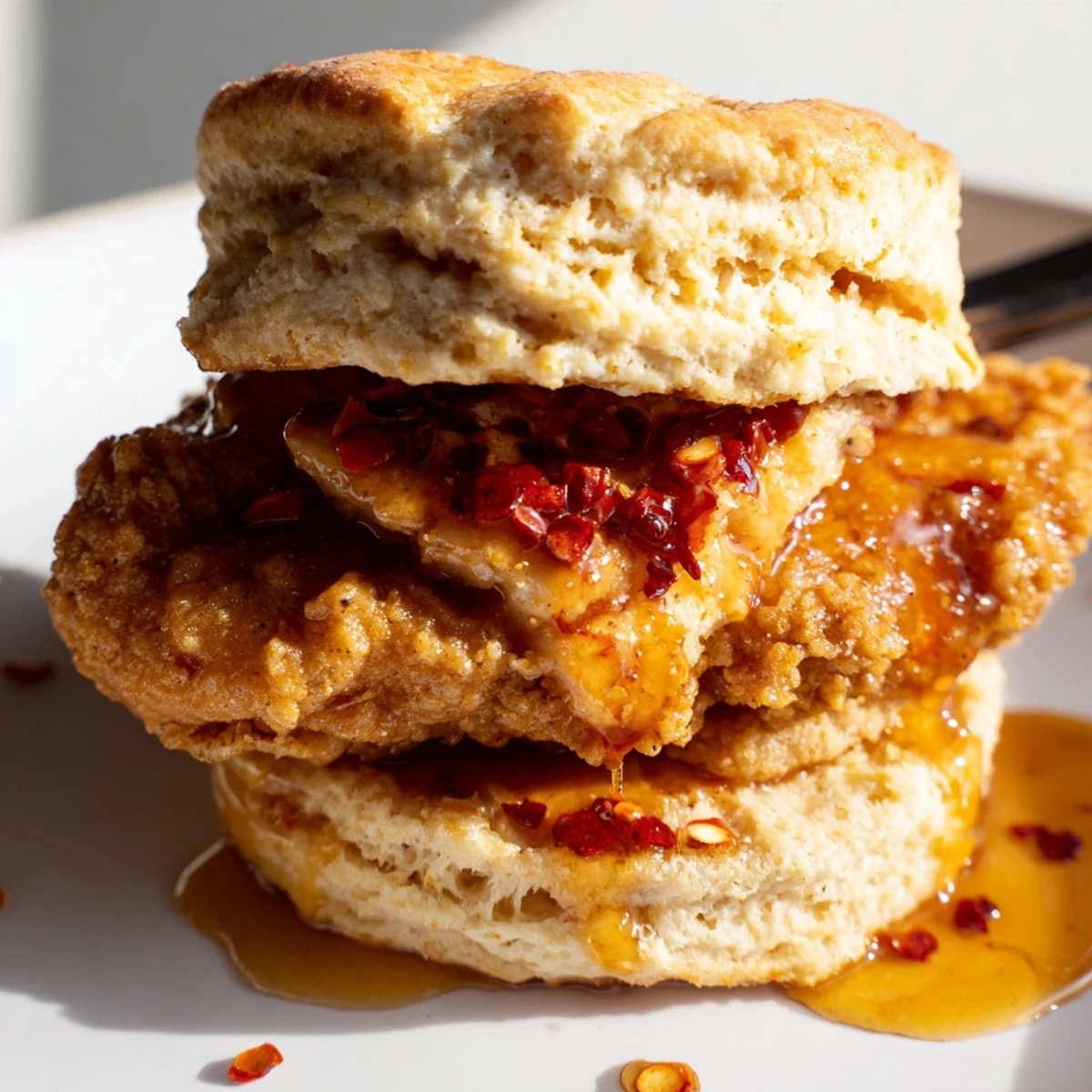 Southern-style hot honey chicken biscuits stacked tall with golden fried chicken and amber honey coating