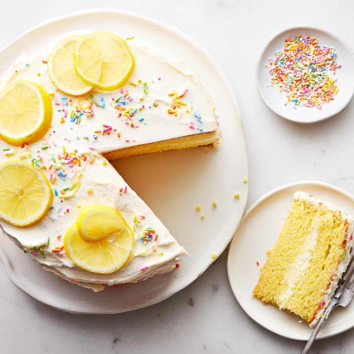 Two-layer lemon birthday cake drizzled with tangy glaze and decorated with vibrant citrus garnish