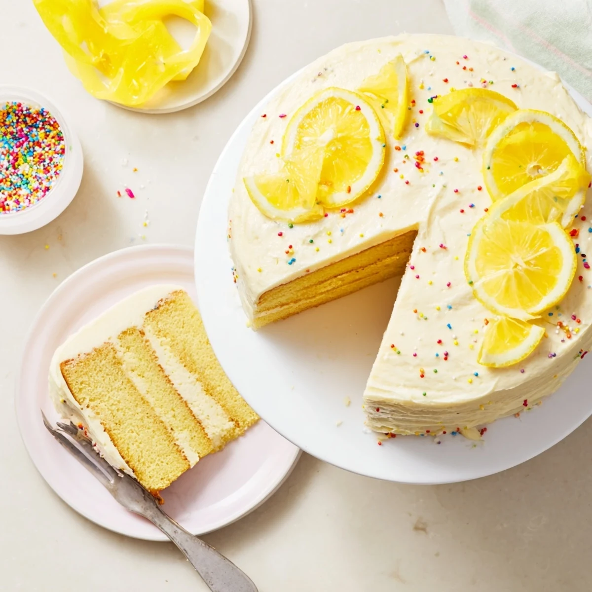 Golden lemon birthday cake with fluffy cream cheese frosting topped with fresh lemon slices