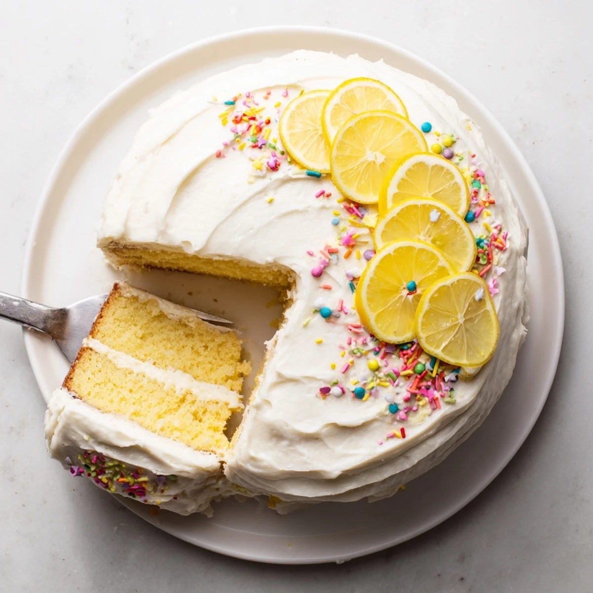 Festive lemon birthday cake slice showing moist yellow crumb and creamy frosting on white plate