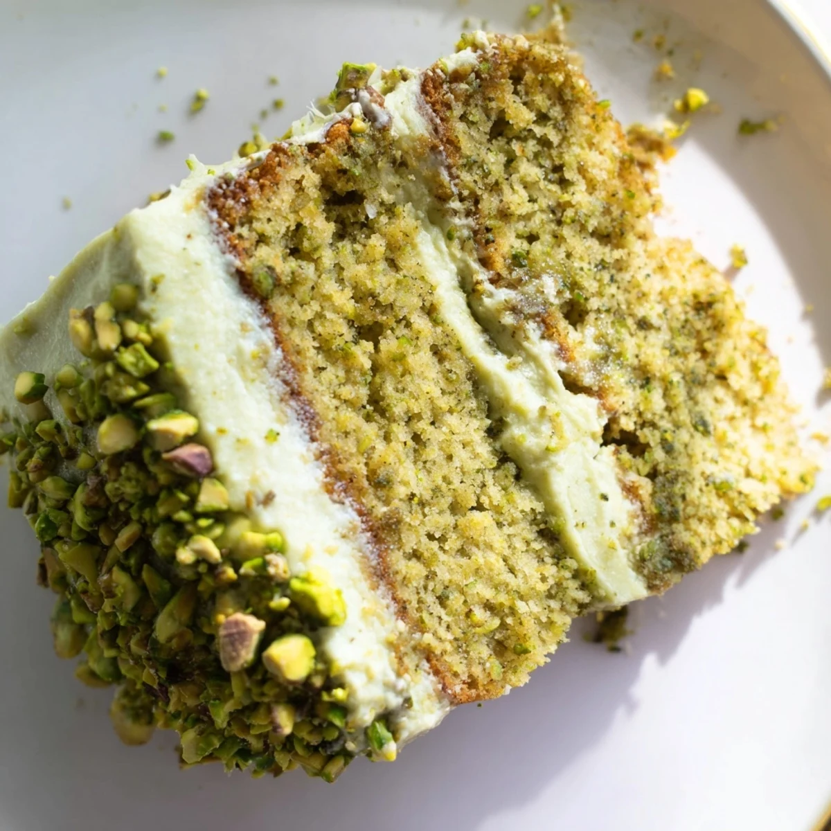 Two-layer pistachio cake topped with smooth green buttercream and chopped pistachio garnish