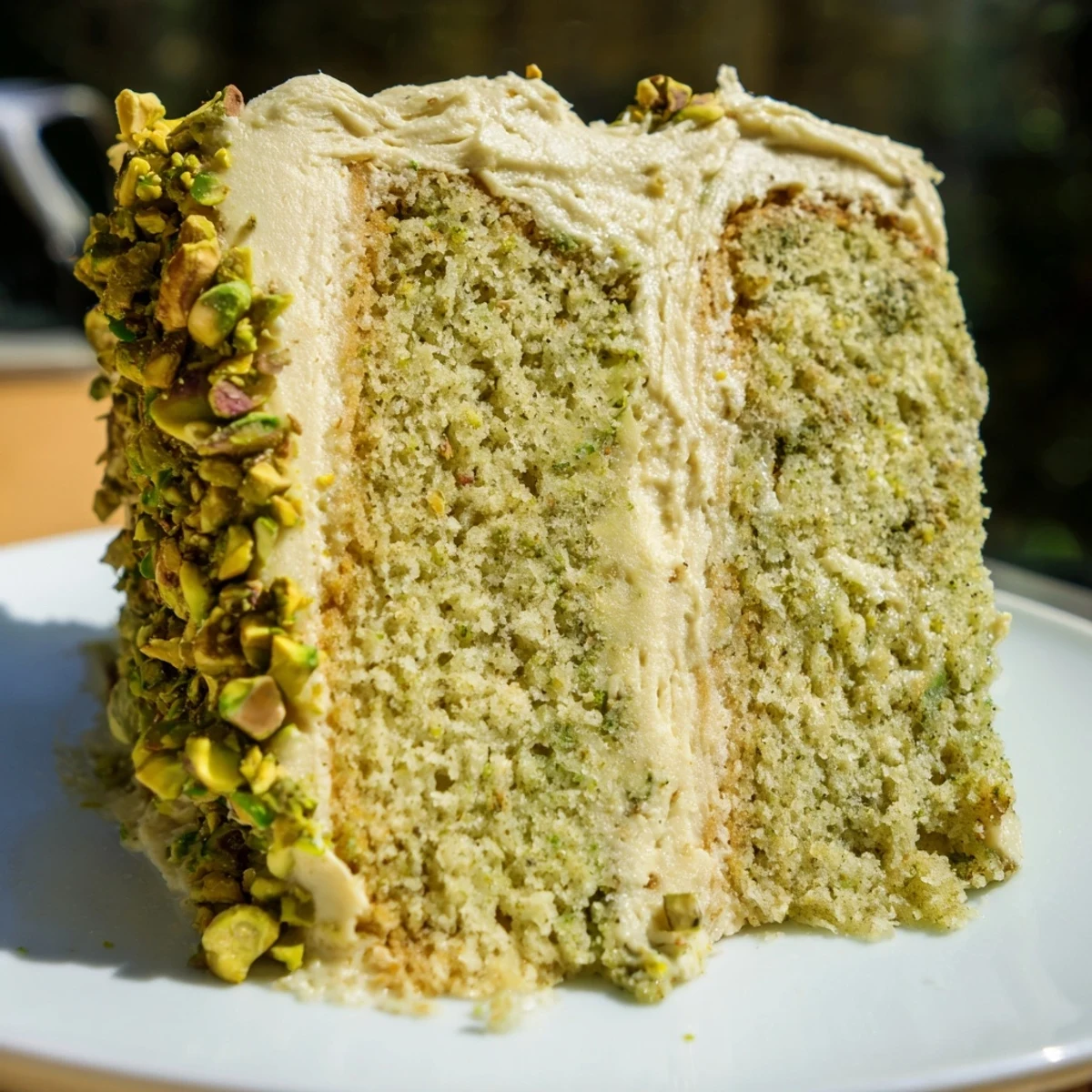 Slice of pistachio cake with creamy pistachio buttercream frosting on a white plate