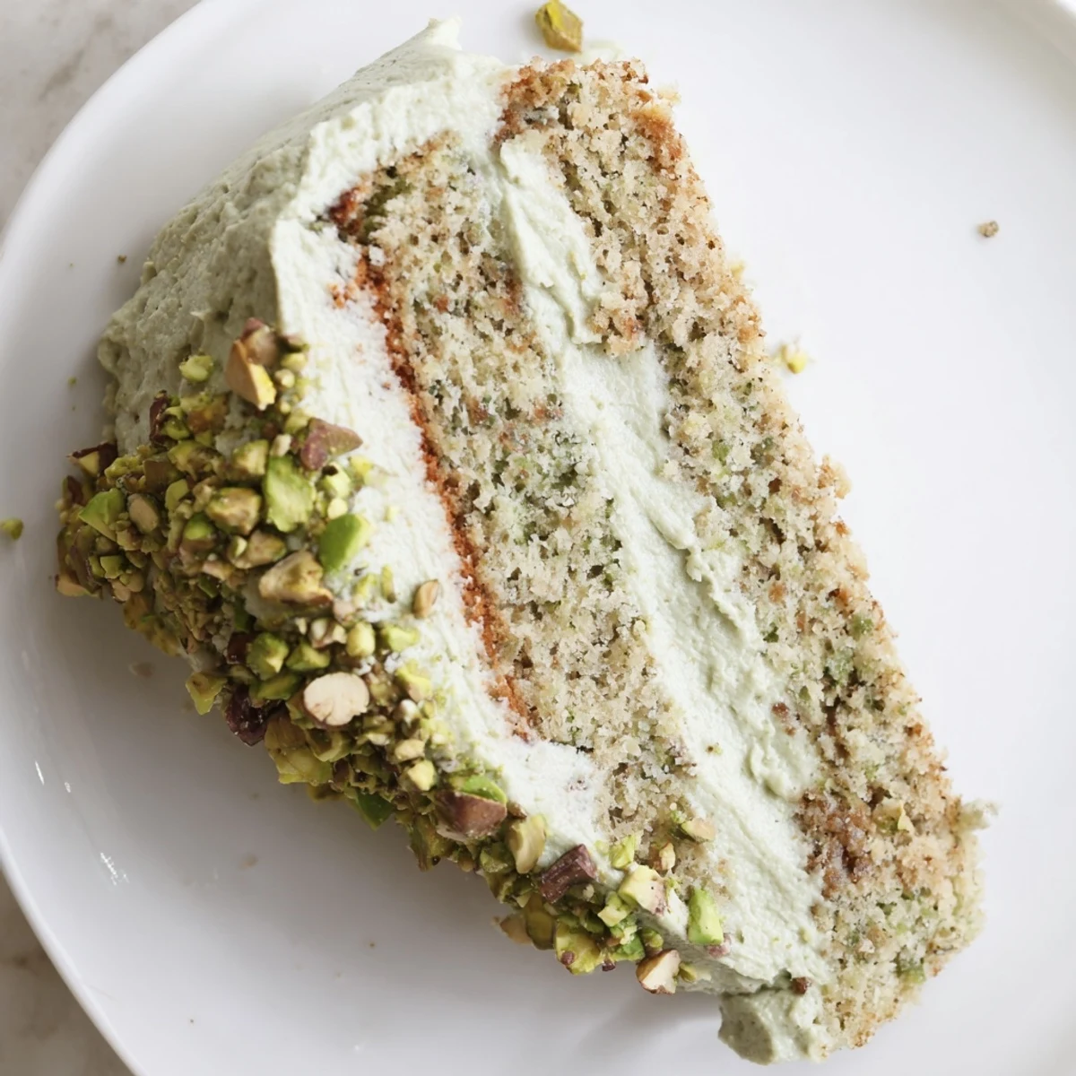 Moist pistachio cake layered with rich buttercream frosting, sprinkled with crushed nuts