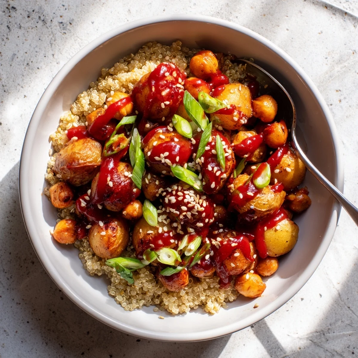 Hearty vegan gochujang potatoes chickpeas quinoa dinner with red onion garnish and toasted sesame seed topping