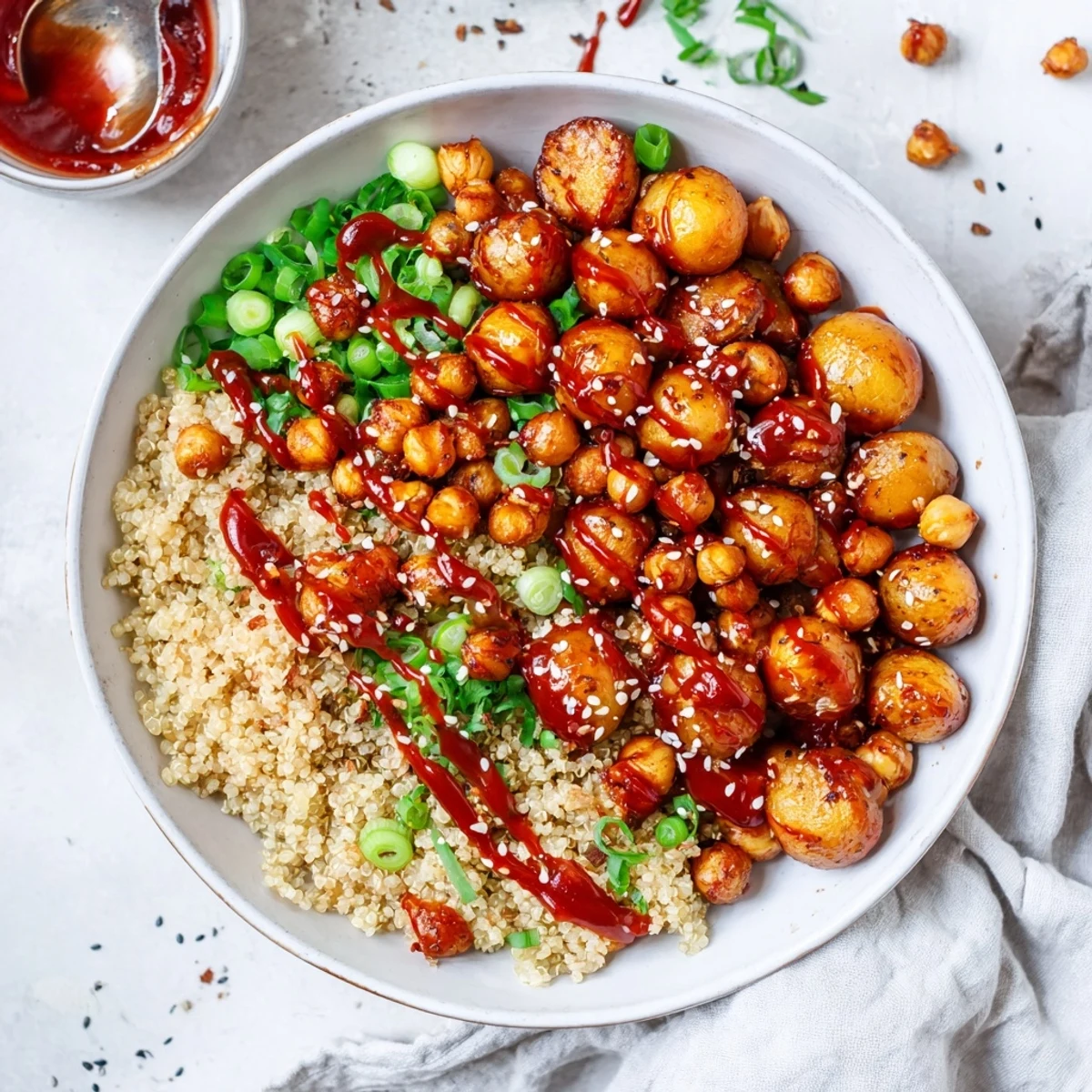 Spicy Korean-inspired gochujang potatoes chickpeas quinoa bowl featuring crispy glazed potatoes over fluffy white quinoa