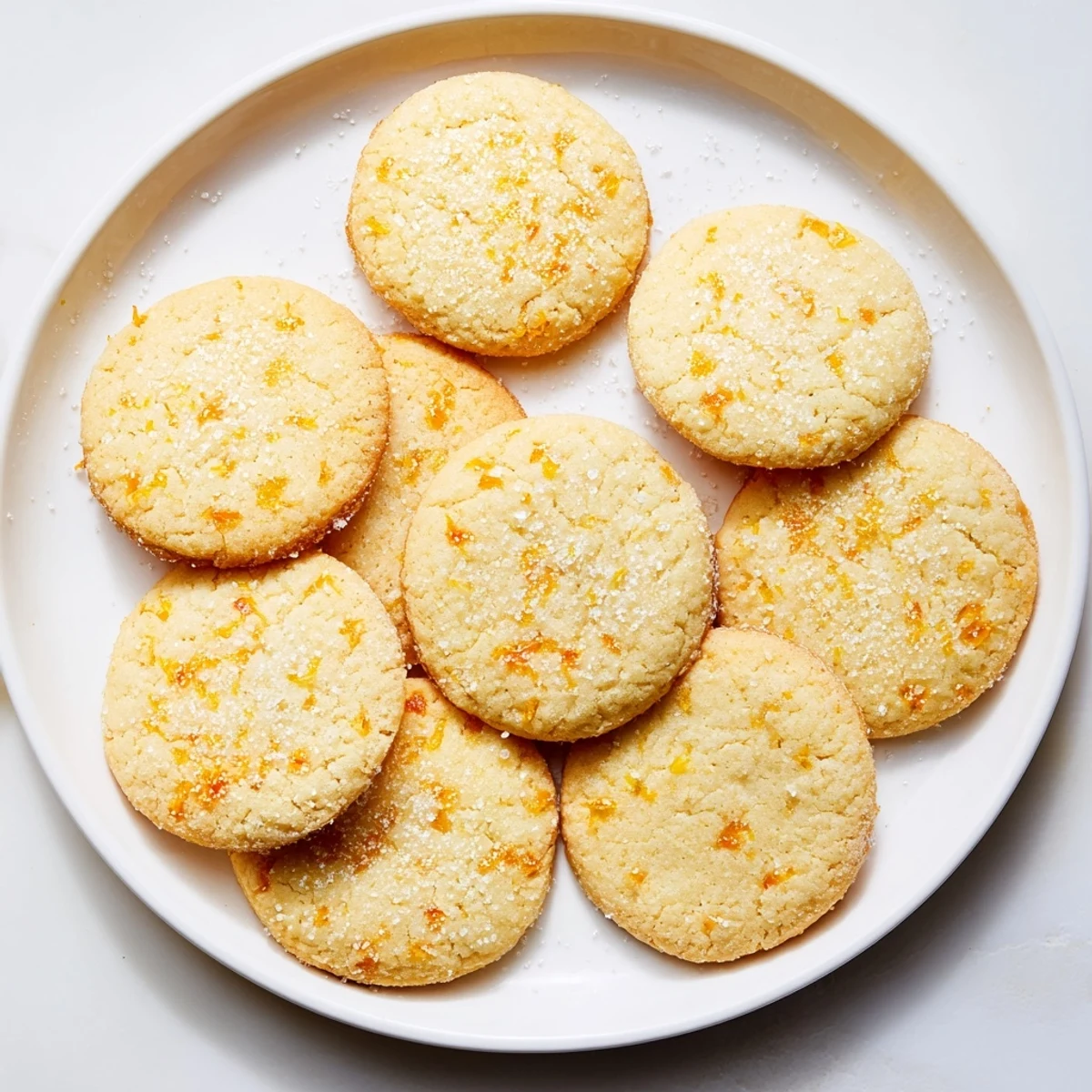 Freshly baked orange zest sugar cookies scattered with citrus sugar on a wooden board