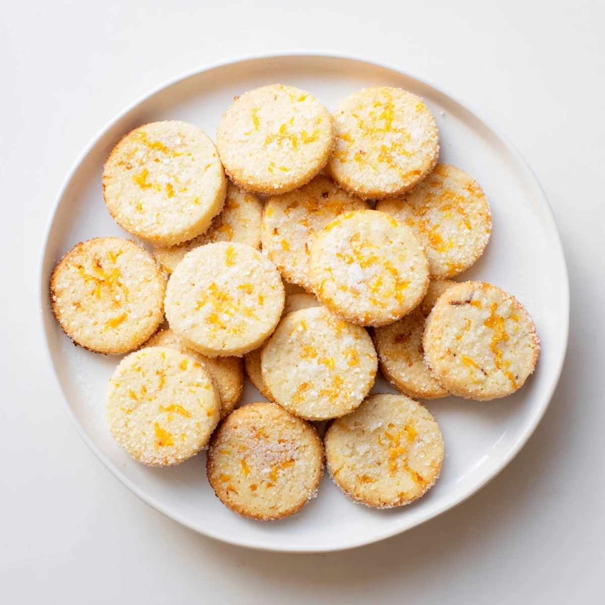 Golden orange sugar zest cookies with sparkling sugar topping on a white cooling rack