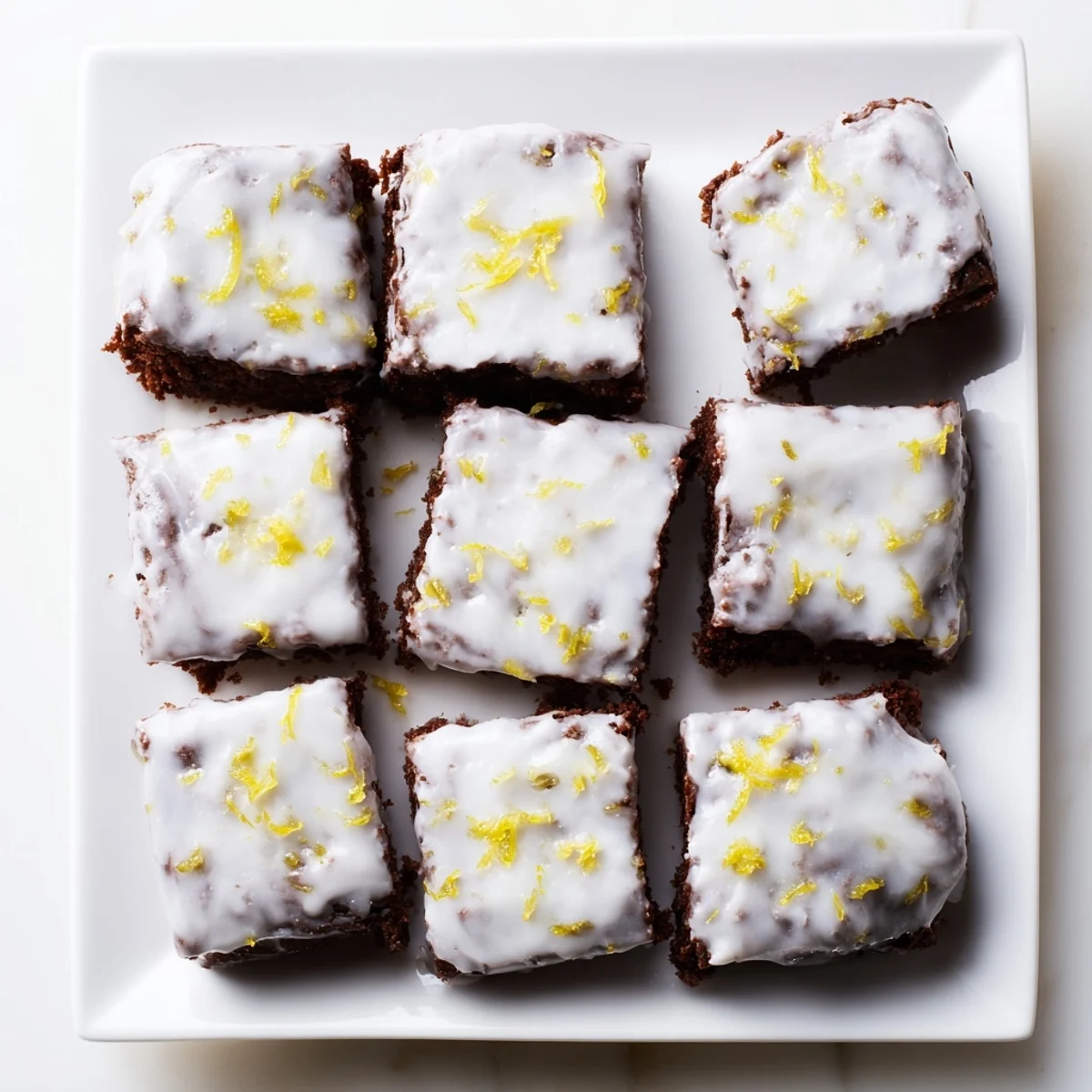 Rich buttery lemon brownies cut into squares with powdered sugar topping and zest sprinkles