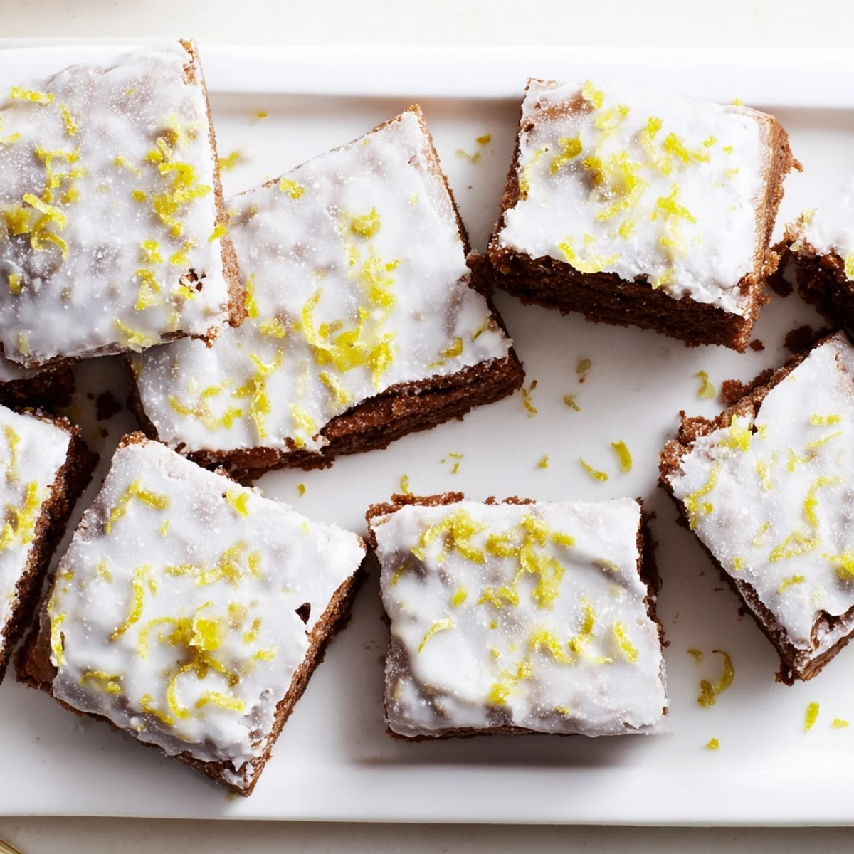 Fudgy lemon zest brownies featuring crackled texture and bright citrus garnish on serving platter