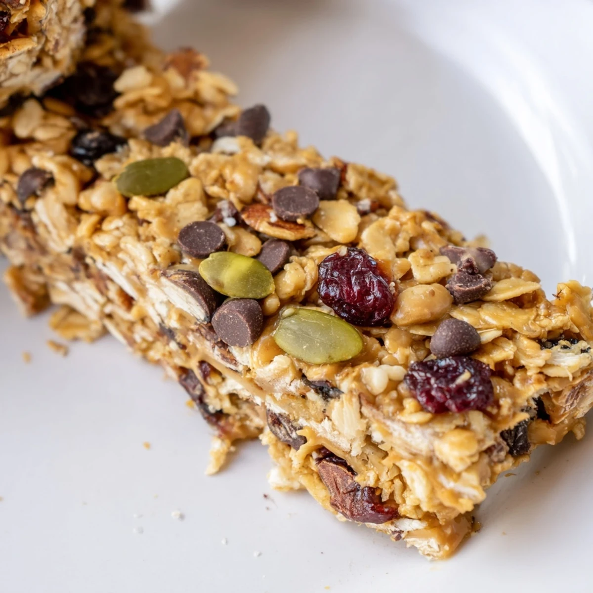 Golden brown homemade granola bars studded with melted chocolate chips and crunchy chopped nuts on a wooden cutting board