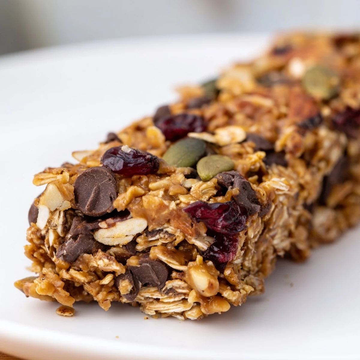 Chewy healthy homemade granola bars cut into squares with visible oats and dried cranberries on parchment paper