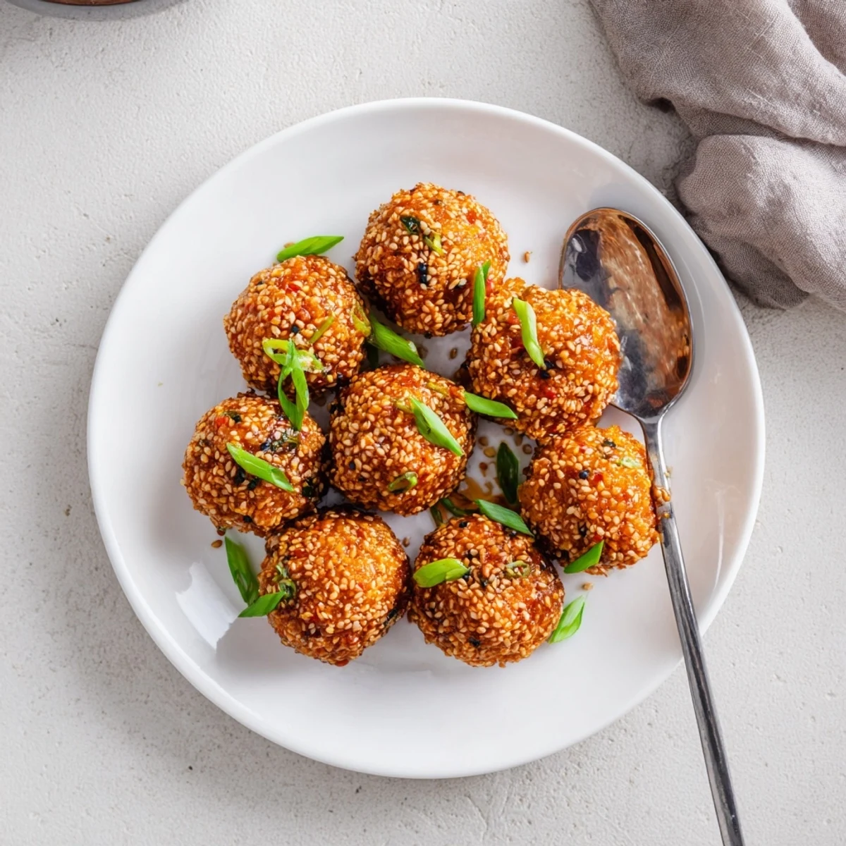 Golden brown sweet chili tofu balls glazed in shiny red sauce with scallions and sesame seeds